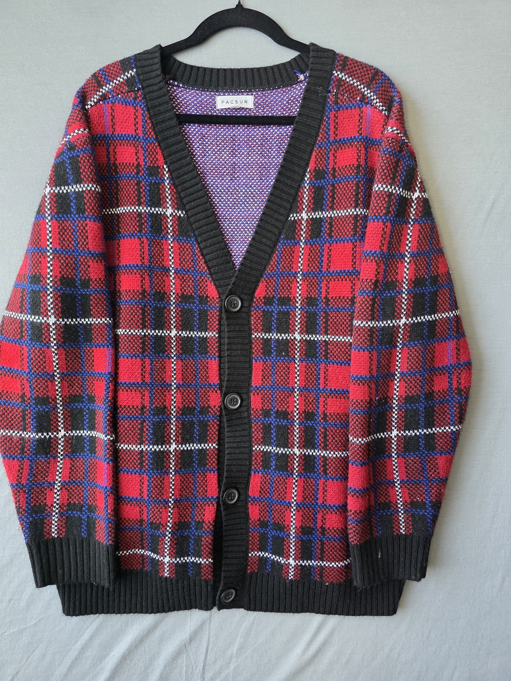 PacSun Plaid Cardigan Sweater Men’s Large Red Black Blue Tartan Grunge Preppy